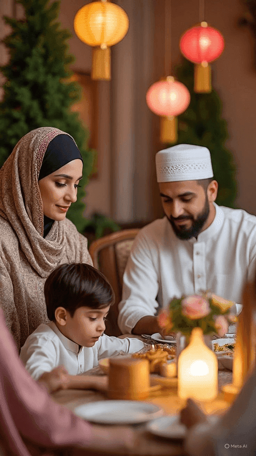 En familie deler et varmt måltid sammen