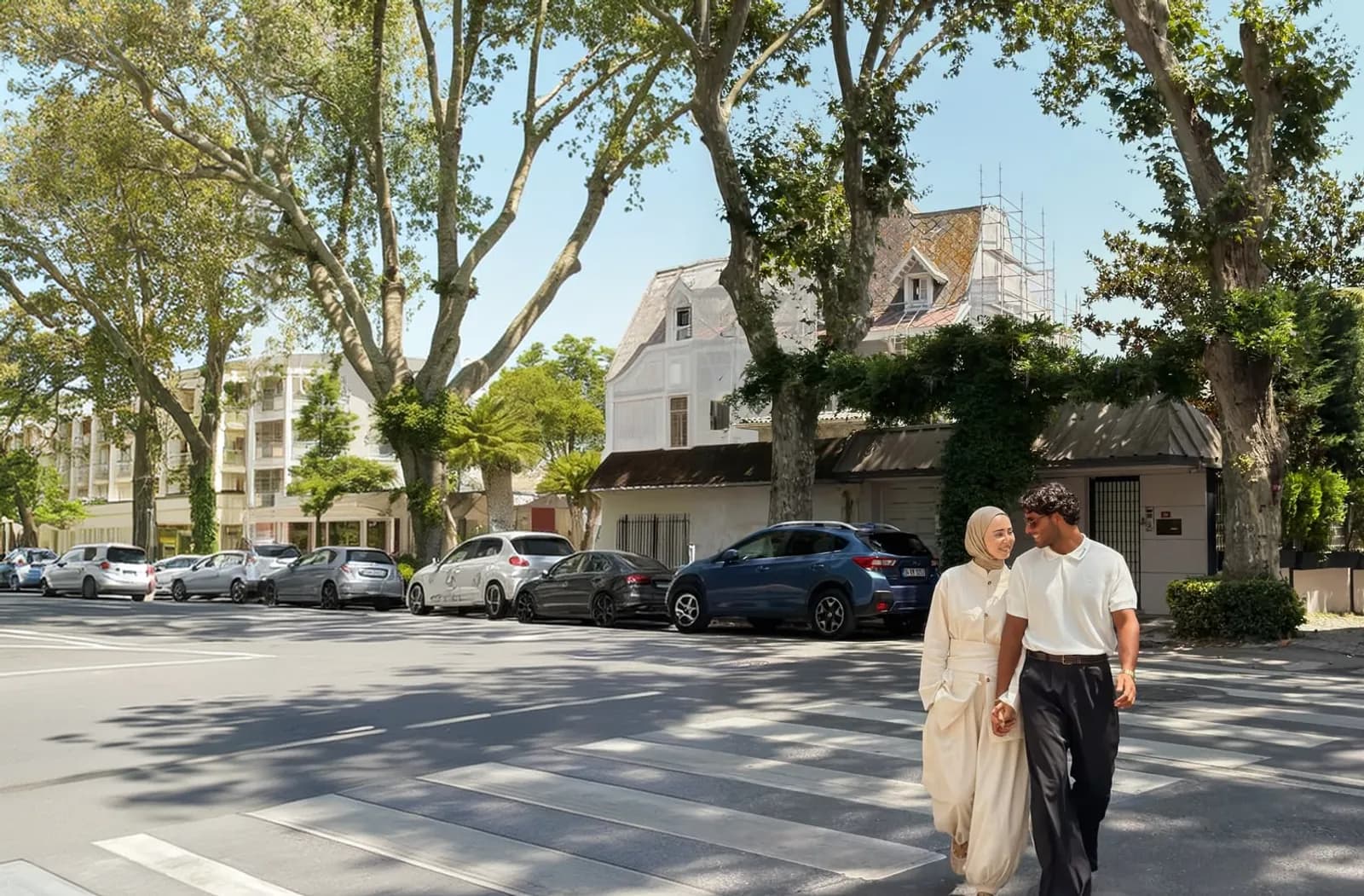A couple walking down a quiet European street